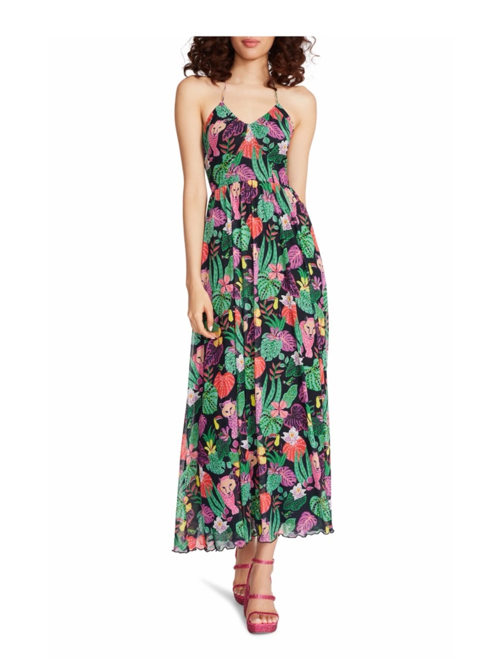 ★ Betsey Johnson Spring Paulina Tropical Print Halter Maxi Dress- Raven Black ★